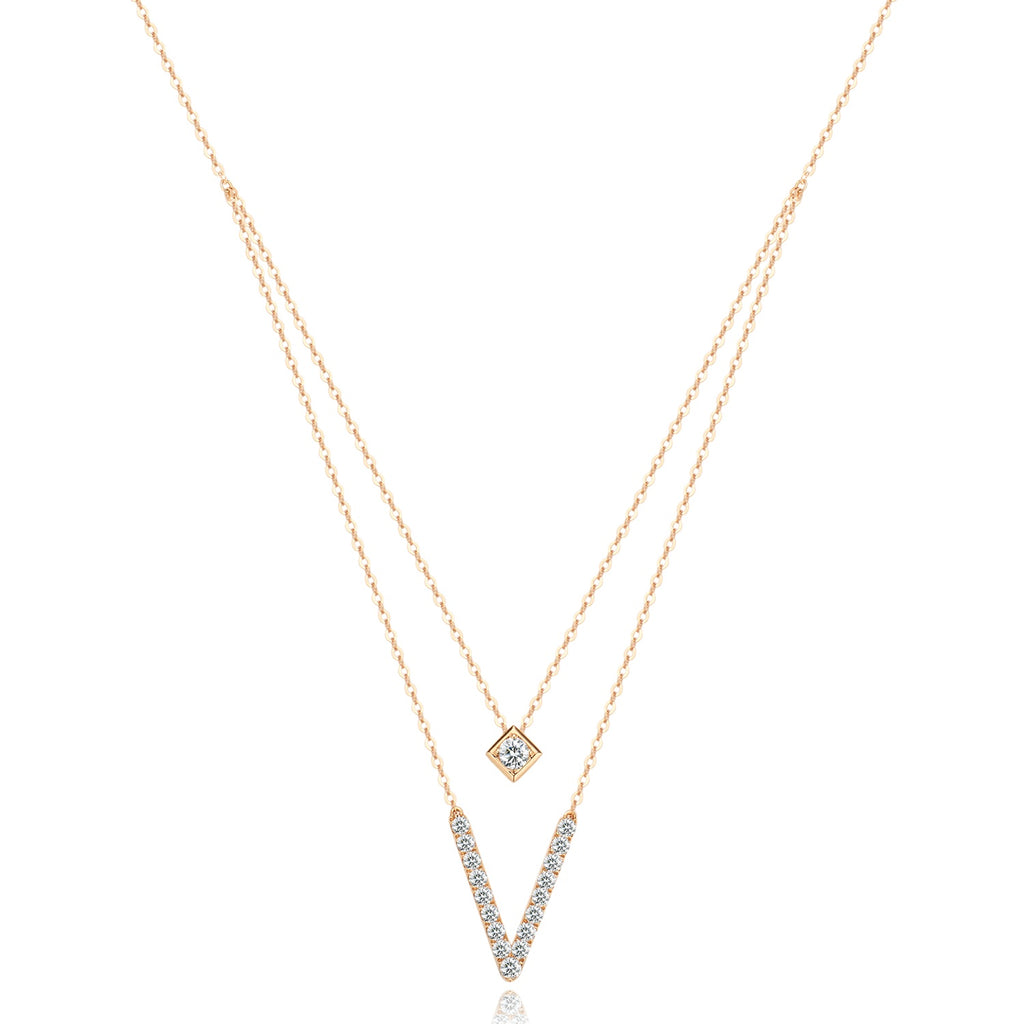 18k Rose Gold Layered V Necklace with Lab Grown Diamonds