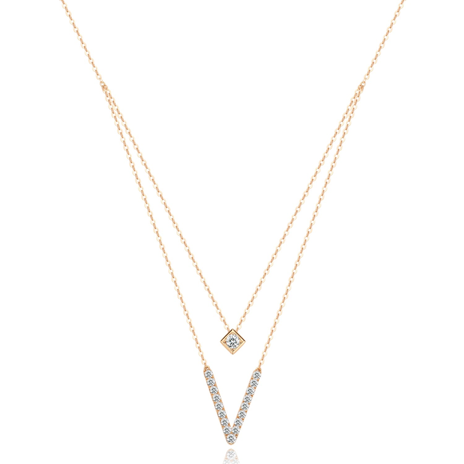 18k Rose Gold Layered V Necklace with Lab Grown Diamonds