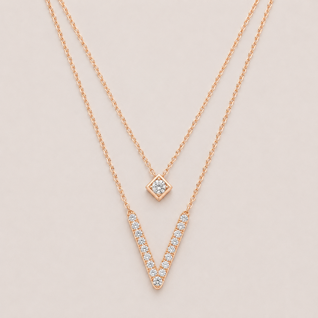 18k Roségold Layered V Halskette mit Labordiamanten