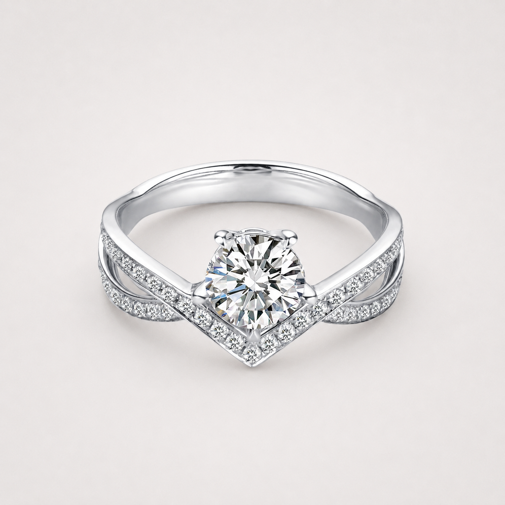 18k White Gold Engagement Ring with Round Brilliant Lab Grown Diamond and Split Shank Pavé