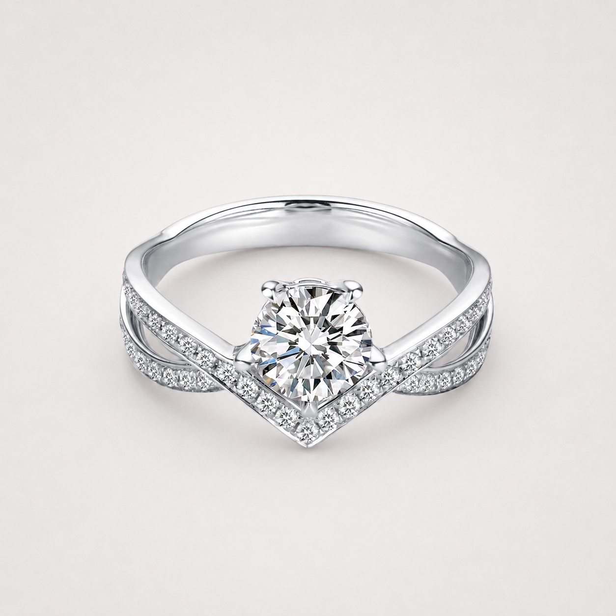 18k White Gold Engagement Ring with Round Brilliant Lab Grown Diamond and Split Shank Pavé