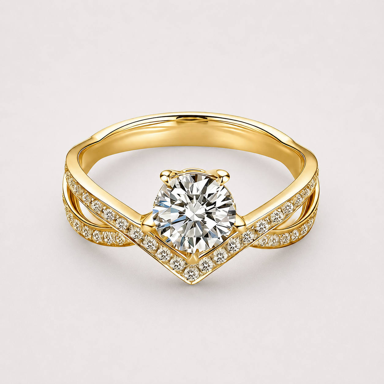 18k Weißgold Verlobungsring mit rundem Brillant Labordiamanten und Split Shank Pavé