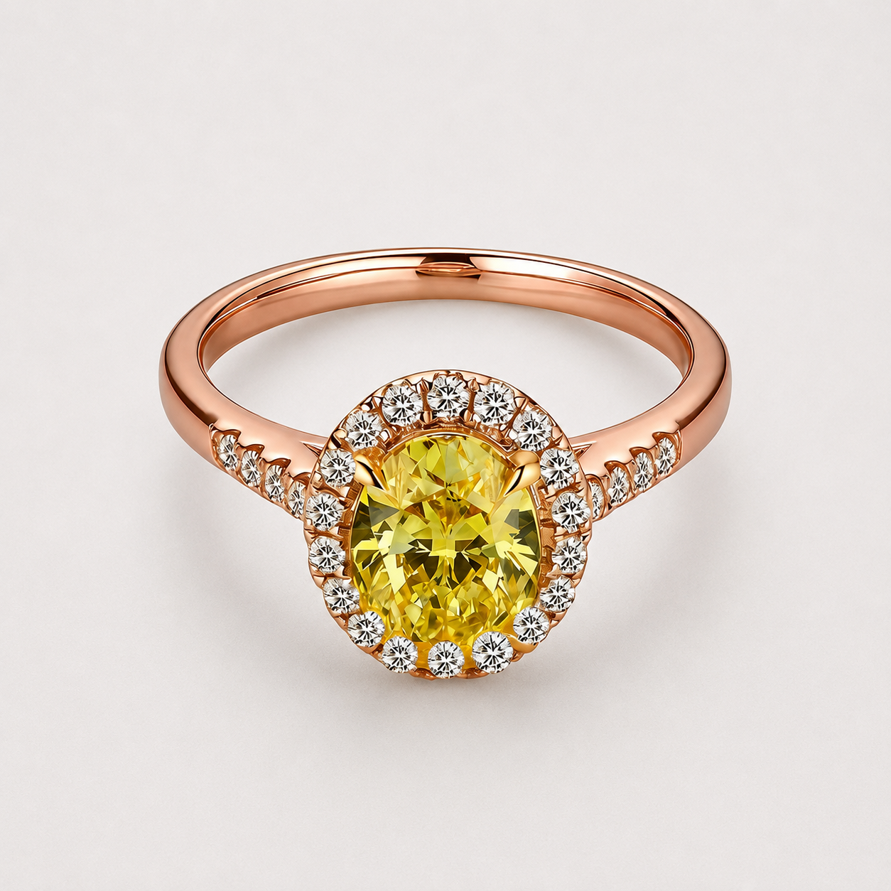 18k White Gold Halo Ring with Yellow Oval Lab Grown Diamond and Pavé Band