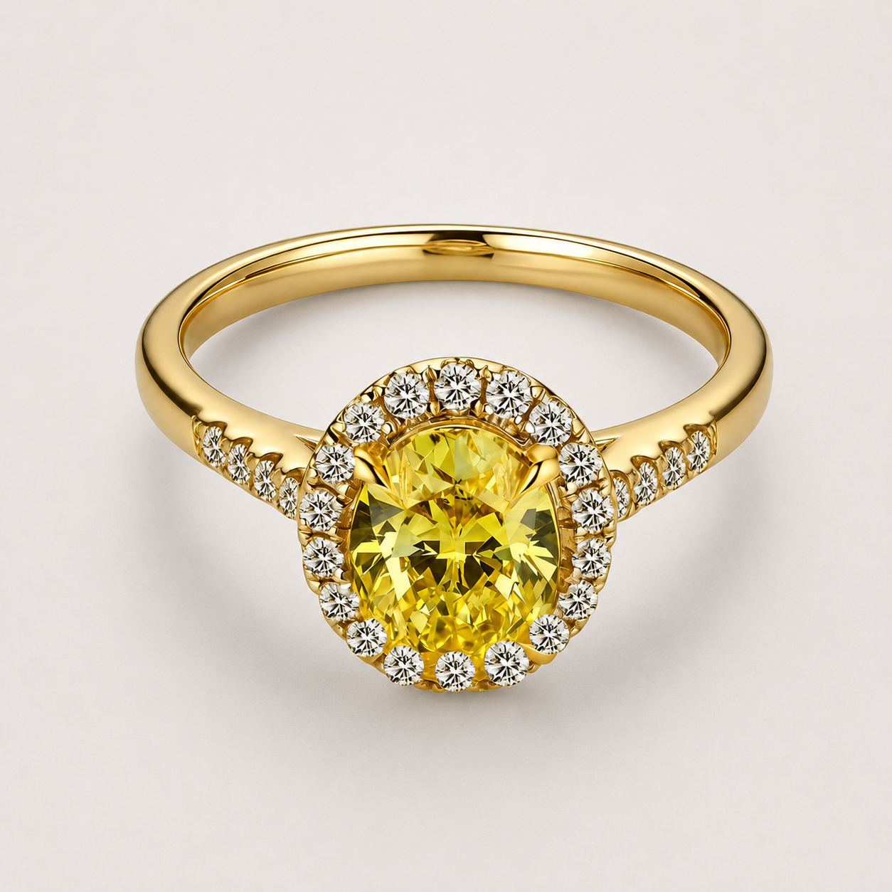 18k White Gold Halo Ring with Yellow Oval Lab Grown Diamond and Pavé Band