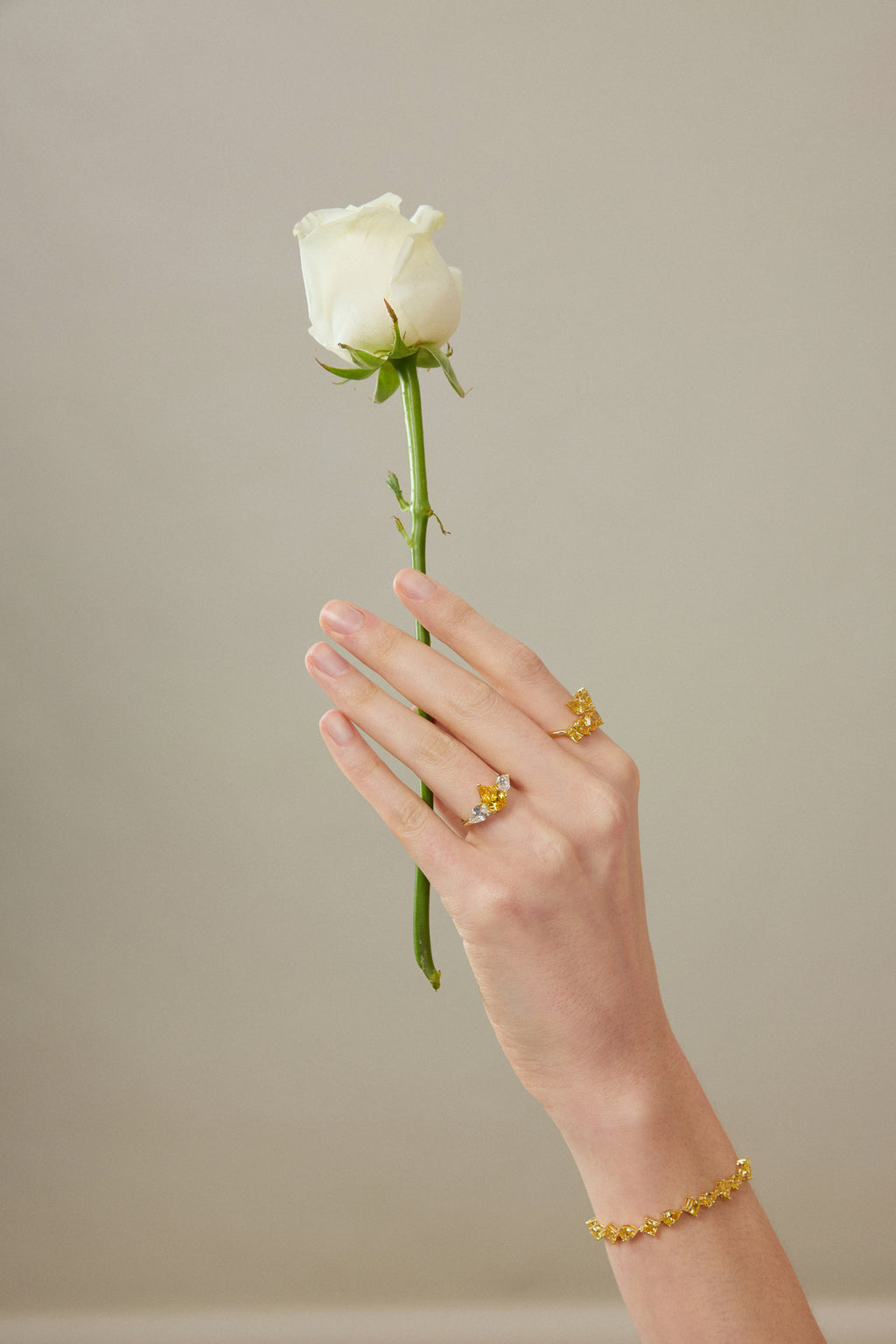 Hand mit Drei-Stein-Verlobungsring aus 18K Gold und 3,50 ct Labordiamanten hält eine weiße Rose; dazu passender Ring und Armband