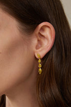 Detailaufnahme eines Fancy Yellow Diamant-Ohrhängers aus 18K Gold mit 5,50 ct Labordiamanten im Marquise- und Tropfenschliff