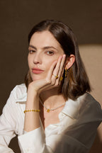 Model trägt ein Fancy Yellow Diamantcollier aus 18K Gold mit 34,00 ct Labordiamanten sowie passende Ohrringe, Ringe und Armband