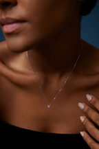 Model trägt eine Solitär-Diamantkette aus 18K Weißgold mit rundem Labordiamanten in moderner Zargenfassung.