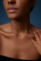 Model trägt eine Solitär-Diamantkette aus 18K Weißgold mit rundem Labordiamanten in moderner Zargenfassung am Dekolleté.