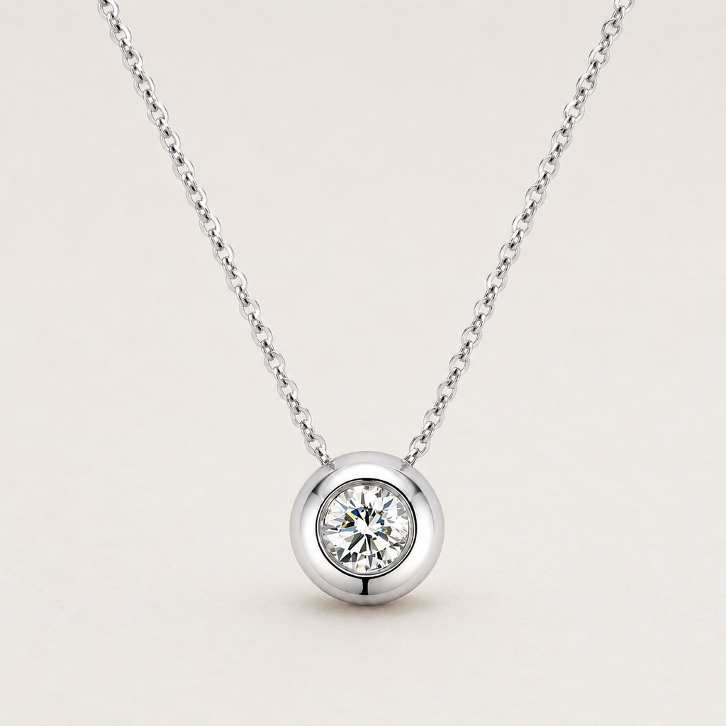 Solitär-Diamantkette aus 18K Weißgold mit rundem Labordiamanten in moderner Zargenfassung.